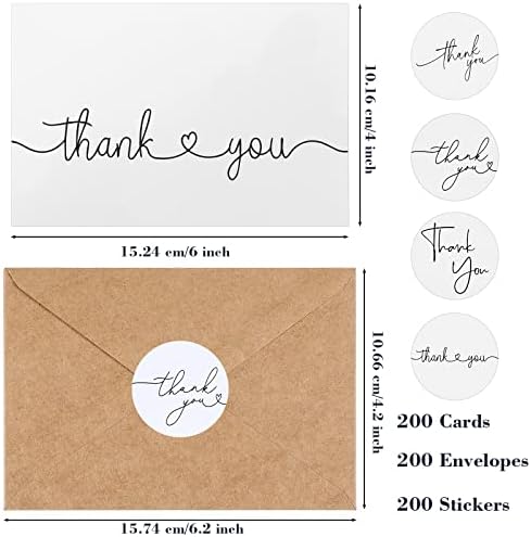 Teling 200 Set Thank You Cards with Envelopes Bulk, 6 x 4 Inch Blank Thank U Greeting Notes with Brown Kraft Envelopes Stickers Thankyou Card Set for Graduation Wedding Birthday Baby Shower(White) - Image 2
