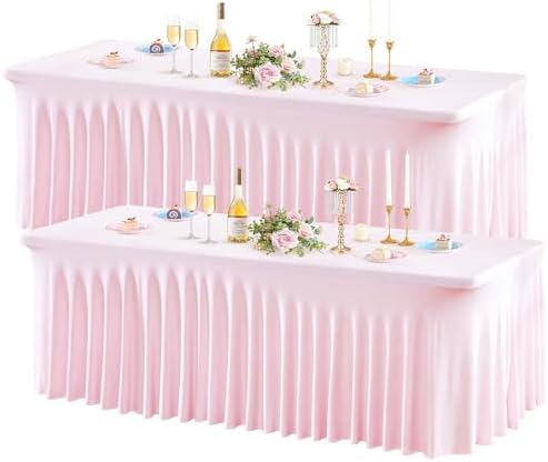 Wish Care 2 Pack Pink Spandex Table Clothes for 8 Foot Rectangle Tables, 8FT Wrinkle Free Fitted Tablecloths Ruffles Design Table Cover for Party, Banquet, Wedding and Events by WishCare