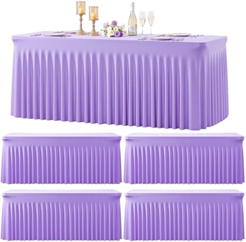 4 Pack Lavender Spandex Tablecloths for Rectangle Tables Light Purple Stretch Table Cloth Rectangle 8ft Lilac Elastic Fitted Table Cover with Skirt for Wedding Birthday Party Banquet Baby Shower by Suppromo