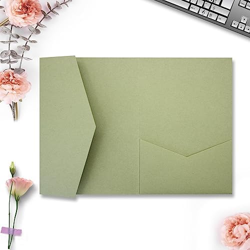 25 Pieces A7 Pocket Invitations (5.12 x 7.09) Trifold Wedding Invitation Cards for 5x7 Invites Wedding Bridal Shower Engagement Birthday Sweet 16 (Matte Sage Green) by Unknown