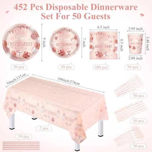 Funnymoom 452 Pcs Retirement Party Decorations for Women, Rose Gold Happy Retirement Paper Plates Napkins Cups Tablecloth Cutlery Straws for Women Say Goodbye Party Supplies, Serves 50 Guests - Image 2