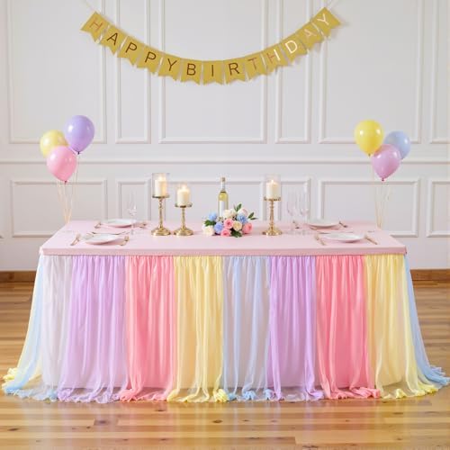 Rainbow Tulle Birthday Party Tablecloth for 6 Foot Rectangular Tables 6ft Rectangle Rainbow Table Cloths for Parties Wrinkle Free Table Cover with Tutu Skirt for Baby Shower Girls Banquet Buffet Cake - Image 6