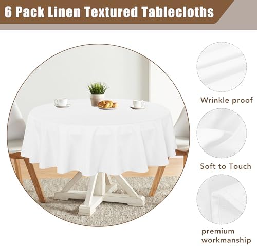 Fitable 6 Pack White Linen Round Tablecloths 90 Inch for 36"-72" Tables - Image 4