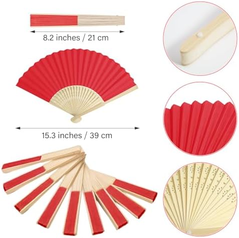 50 Pieces Paper Fans Paper Hand Fan Bamboo Folding Fan Handheld Fan Paper Folded Fan Paper Fan for Wedding Party and Home Decoration (Red) - Image 2