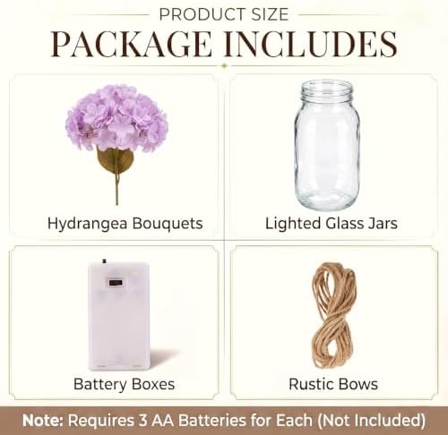 4 Sets Mason Jar Centerpiece with LED Lights and Purple Hydrangea Fake Flowers Vase for Wedding Bridal Shower Party Coffee Table Decor - Image 2