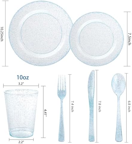 Rubtlamp 180Pcs Blue Glitter Dinnerware Set(30 Guests), Blue Plastic Plate With Gitter Disposable Silverware, Gitter Plate Set Include 30Dinner Platos, 30Dessert Platos, 90Cutlerys, 30Cups for Party - Image 2