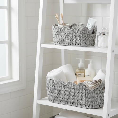 Set of 2 Scalloped Baskets, Small Wicker Baskets for Gifts, Grey - Image 2