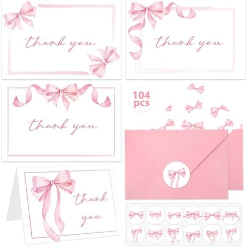 104 Pack Pink Bow Thank You Cards With Envelopes Stickers Bow Thank You Card Bulk Pink Bowknot Greeting Gift Elegant Blank Note Cards Set for Wedding Baby Shower Birthday Party Supplies 4x6inch by OBUSATT