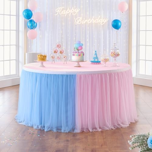 108in Blue Pink Tulle Table Skirts for Rectangle Tables 6/8/4ft, 2-Layer Gold Grim Ruffle Gender Reveal Tulle Tutu Cloth Table Skirt 9ft for Birthday Party Baby Shower Cake Dessert(No Table Cover) - Image 2