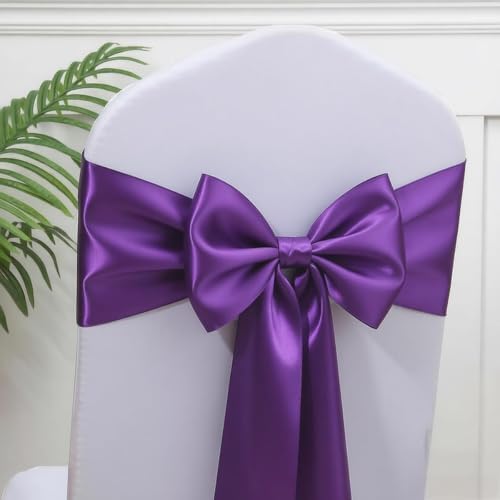 50 Pack Purple Chair Sashes, Gankar Satin Purple Chair Bows Ribbons for Wedding Folding Chairs Birthdy Party Decor, Satin Ties for Banquet Chairs by GANKAR