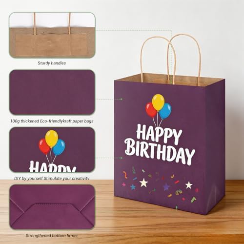 bagmad 100 Pack 8x4.75x10 Inch Plain Medium Paper Bags with Handles Bulk, Kraft Craft Gift Bags, Grocery Shopping Retail Birthday Party Favors Wedding Sacks (Purple) - Image 3