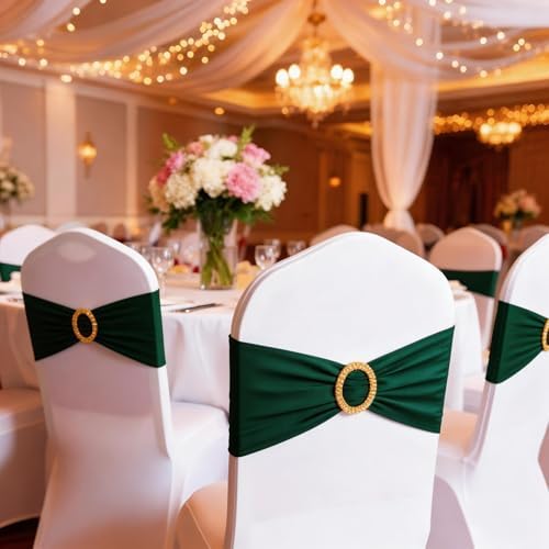 Pack of 50 Spandex Hunter Green Chair Sashes with Gold Buckles, Stretch Chairs Sashes for Wedding Party Baby Shower Decor Chair Bands Bows (Hunter Green Sashes, Gold Buckles) - Image 5