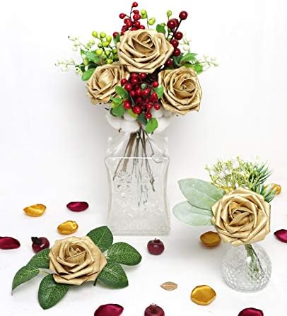 D-Seven Artificial Flower 50pcs Gold Fake Roses with Stem for DIY Wedding Bouquets Floral Arrangements Bridal Shower Baby Shower Party Home Decor - Image 3