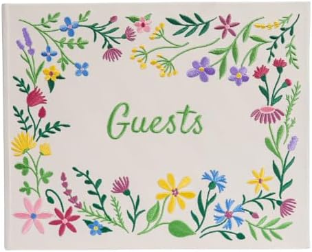 Embroidered Floral Guestbook for Wedding, Bridal Shower & Baby Shower, Linen Guest Sign-In Keepsake with Blank Ivory Pages, Lay-Flat Design & Ribbon Bookmark, 10.25” x 8.25” (Wildflower Garden) by ZosianaDesigns