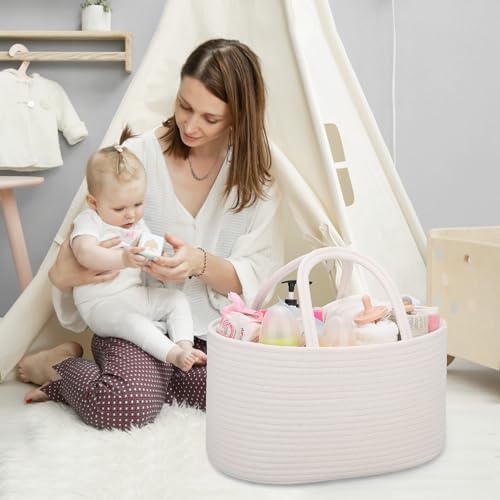 COMSE Small Woven Basket with Gift Bag and Ribbons, Gift Basket Empty, and Large Diaper Caddy Organizer for Girl Boy, Car Diaper Caddy with Handles - Image 7