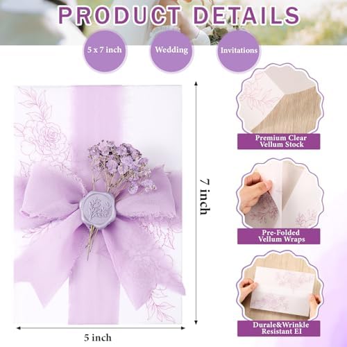 Fullhawl 50 Sets Wedding Invitations Wraps Set Pre Folded Vellum Jackets for 5 x 7 Invitations Dried Flowers Wax Seal Stickers Chiffon Silk Ribbon for Wedding Birthday Bridal Shower Craft DIY (Purple) - Image 3