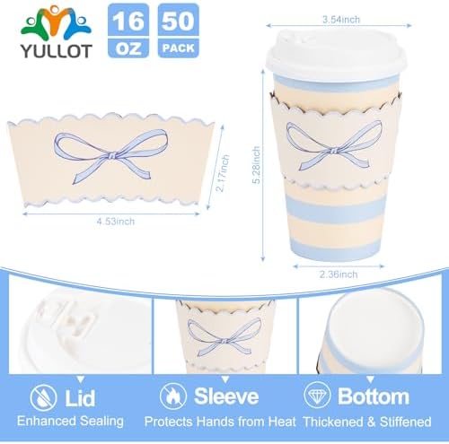 50 Pack 16oz Blue Bow Disposable Coffee Cups with Lids & Sleeves – Premium Paper for Mother's Day,Baby Shower,Birthday,Wedding,Brunch, Cafés,Party Supplies - Image 2