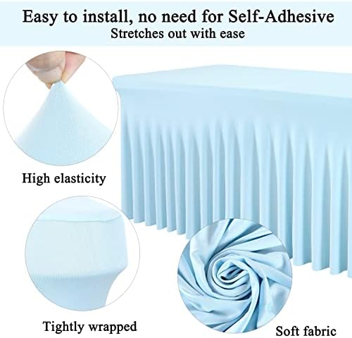 Besutolife 6ft Baby Blue Tablecloth Rectangle Stretch Table Skirt One-Piece Wrinkle-Resistant Ruffles Design for Under The Sea Party Frozen Decorations Birthday - Image 3