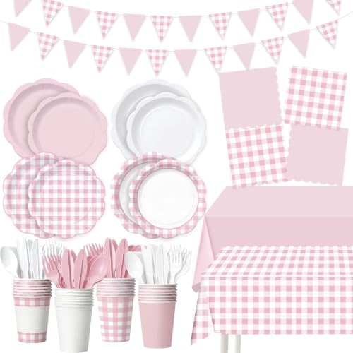 Ceenna 392 Pcs Pink Gingham Paper Plates Napkins Cup Party Supplies for 48 by Ceenna