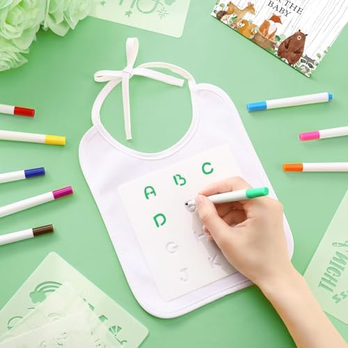 Panitay 100 Pcs DIY Baby Bibs Decorating Kit 50 White Bibs 25 Stencils 24 Markers 1 Baby Shower Game Sign - Image 4