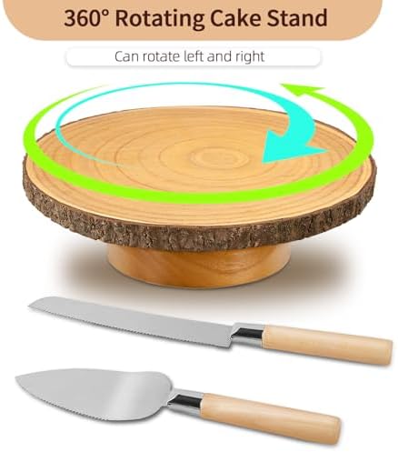 12" Rotating Wood Cake Stand with Cake Cutting Set (Knife and Server) - Rustic Wooden Cake Turntable for Decorating, Party, Wedding, Baby Showers, Reception, Event - Ideal Baking Gift & Decor - Image 7