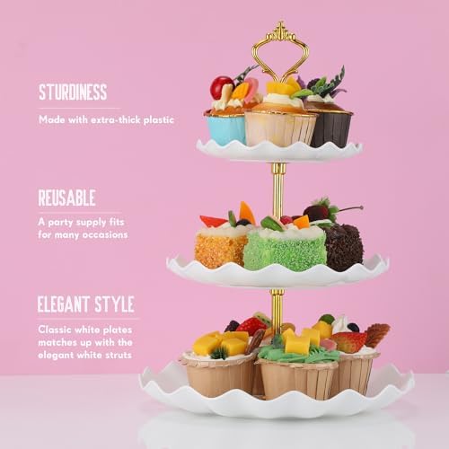 Willinglong 14 Pcs Dessert Table Stands Set 3 Tier Plastic Cupcake Stands Cookie Display Tower Gold Rim Dessert Serving Tray for Party Wedding Birthday Bridal Baby Shower (White and Gold) - Image 4