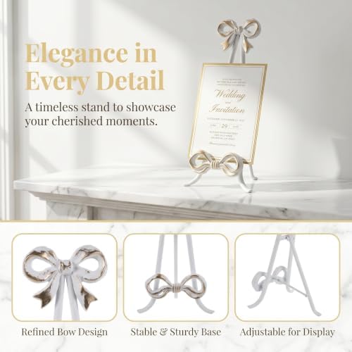 ARTIBETTER Bow Plate Stands Metal Cookbook Display Easel with Foldable Leg - 16" Tall White Decorative Platter Holder for Kitchen Table Centerpiece Birthday Baby Shower Wedding - Image 3