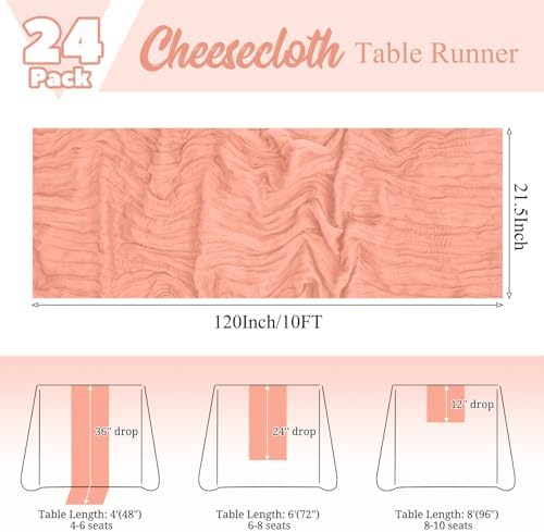 24 Pack Coral Table Runner 10Ft Cheesecloth Table Runner Rustic Gauze Table Runners Romantic Long Sheer Fabric Cheese Cloth Table Runners for Wedding Party Bridal Baby Shower - Image 2