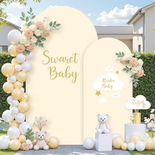 Beige Arch Cover Set of 2-7.2 and 6ft Beige Arch Backdrop Cover Spandex Wedding Arch Stand Cover for Bridal Shower Birthday Party Baby Shower Banquet Photo Arches Background Decorations - Image 3