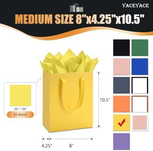 YACEYACE Yellow Gift Bags 20Pack, Yellow Gift Bags with Tissue Paper - Image 2