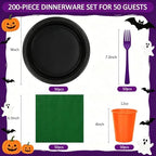 200pcs Black Orange Purple Plastic Plates Party Supplies, Disposable 9’’Dinner Plates and Napkins, Cups & Cutlery Plastic Dinnerware Set for Halloween, Birthday, Themed Party, Serves 50 Guests - Image 2