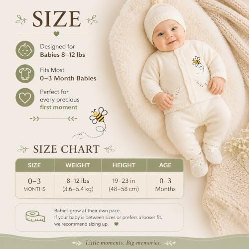 Handmade Crochet Baby Bee Outfit 0-3 Months – Premium Knit Sweater, Pants, Hat & Booties Set – Luxury Baby Shower Gift, Coming Home Outfit, Neutral Newborn Keepsake, Newborn Photography (Color Beige) - Image 6