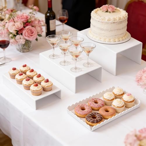 Food Display Stands, 4 PCS Acrylic Buffet Risers for Party Table, U-Shaped Tiered Acrylic Display Risers for Catering Dessert Drink Party Supply, Scalloped Serving Tray for Cupcake Fruit (Glossy White 4 PCS) - Image 2