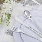 WELLIFE 700 Pieces Silver Plastic Dinnerware Set for 100 Guests - Includes Plates, Cups, Napkins, and Disposable Cutlery - Elegant White & Silver Design, Perfect for Parties and Events - Image 3