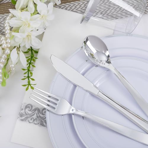 WELLIFE 700 Pieces Silver Plastic Dinnerware Set for 100 Guests - Includes Plates, Cups, Napkins, and Disposable Cutlery - Elegant White & Silver Design, Perfect for Parties and Events - Image 3