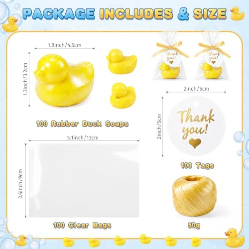 Leelosp Duck Soap Party Favors Gift with Transparent Bags and Thanks Tag for Baby Shower Guest Reveal Baptism Shower Wedding Birthday Summer Party Favor Decorations Supplies (100 Sets,Yellow) - Image 3