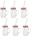 Sunshine Mason Co. Glass Mason Jar Drinking Mug set with handle, Red Gingham lids and White Straws, Set of 6 by Sunshine+Mason+Co.