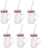 Sunshine Mason Co. Glass Mason Jar Drinking Mug set with handle, Red Gingham lids and White Straws, Set of 6 by Sunshine+Mason+Co.