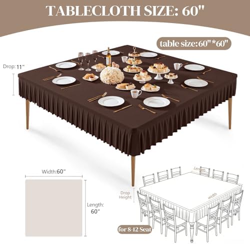 2 Pack Chocolate Spandex Tablecloths for 60x60 Inch Square Tables, Stretch Fitted Table Clothes with Pleated Ruffle Skirt for 60” Table, Wrinkle Free and Elastic, for Party Kitchen Home Dining - Image 4