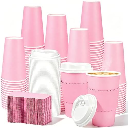 Whaline 100 Pcs Pink Disposable Coffee Cups with Lids and Sleeves 16 Oz Light Pink Insulated To Go Paper Cups for Home Restaurant Travel Wedding Birthday Baby Shower Party Supplies by Whaline