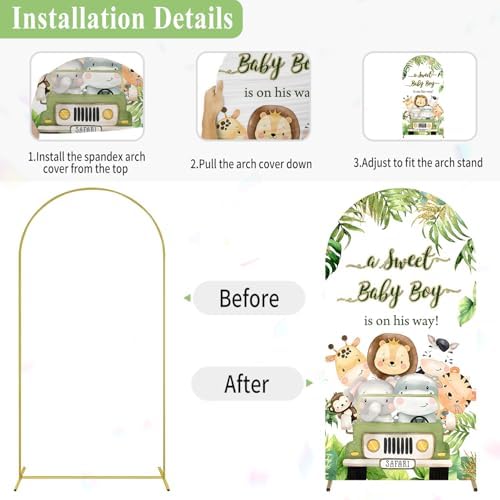 6.6ft Safari Baby Shower Arch Backdrop Cover,Jungle Cartoon Animals Palm Leaves A Sweet Baby Boy is On His Way Arch Covers Backdrop for Boys Baby Shower Party Banquet Decorations - Image 6