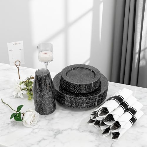 DaYammi 210PCS Black Glitter Plastic Dinnerware Set for 30 Guests - Image 2