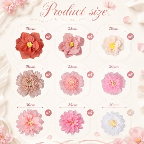 Cholemy 24 Pcs Tissue Paper Flowers, Crepe Paper Flowers Decorations 8" 10" 12" for Wedding Party Baby Bridal Shower Carnival Party Birthday Nursery Wall Decor (Dusty Pink，Peach) - Image 2