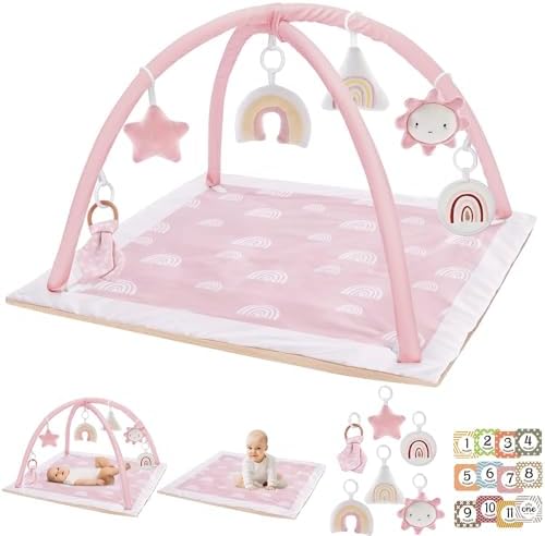 Washable Tummy Time Mat, Baby Play Gym with 6 Featured Toys, Baby Gym for Infant & Toddler, Larger Baby Play Mat, Deluxe Baby Play Mats for Floor, Sensory and Motor Skill Development, Non Slip, Pink by MF