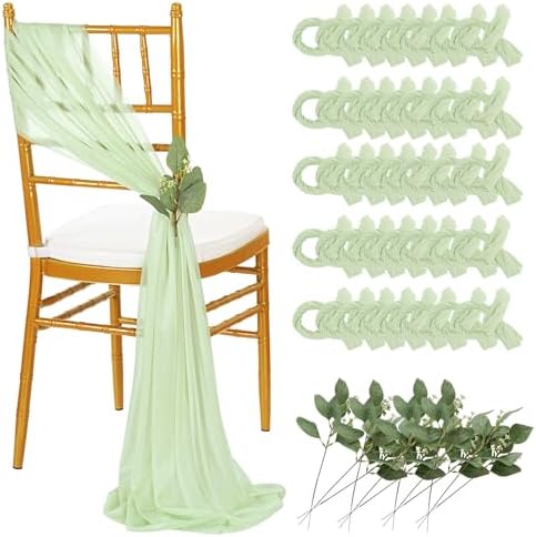 QueenDream Sheer Fabric Wedding Chair Sashes: 36PCS Tulle Church Chair Cover Long Chairs Bows Aisle Drapes Party Decorations Sage Green by QueenDream