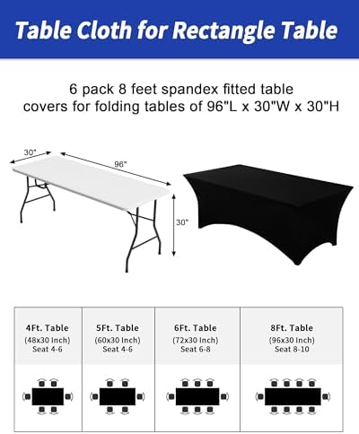 Fixwal 6 Pack Black Spandex Tablecloth 8 Foot Fitted Table Cover - Image 3