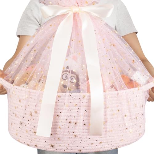 OIAHOMY Large Gift Basket Empty 17" x 12.6" x 7", Storage Basket with Gift Bag, Ribbon and Glitter Tulle for DIY Anytime, Toy Storage for Kids, Dogs with Handles in A Stylish Design - Pink by MasterofSpaceOptimization