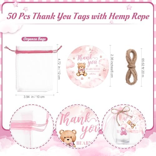 Funnymoom 50 Sets Pink Teddy Bear Baby Shower Decorations Girl We Can Bearly Wait Party Favors Birthday Gifts for Guests Acrylic Clear Shot Glasses Thank You Tags with Organza Bags for Gender Reveal - Image 4