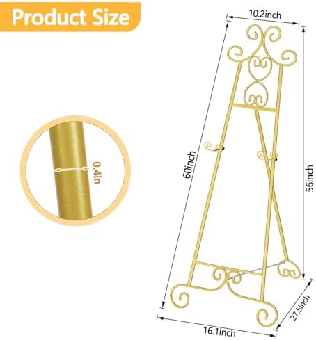 Easel Stand for Sign, Large Adjustable Floor Easel with Chain Support, Vintage Decorative Metal Display Stand for Wedding Signs, Paintings, Artwork, Posters, Pictures, Gold - Image 2