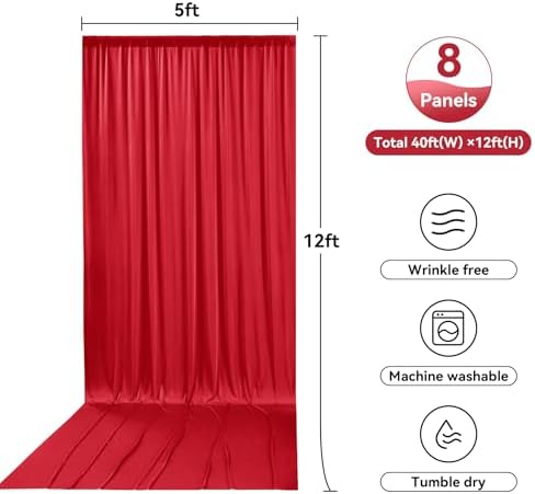 8 Panels 5x12ft Red Backdrop Curtains for Wedding Parties, Wrinkle Free Polyester 12 ft Long Photo Backdrop Drapes Back Drop Cloth for Birthday Christmas Ceremony Photography Background - Image 6